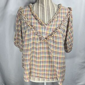 Old Navy White & Multi Plaid Puff Sleeve w/Ruffle Accent V Neck Top Size Medium